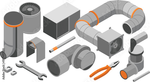 Isometric industrial ventilation equipment illustration, HVAC air ducts, exhaust fan system, engineering maintenance tools, vector design set