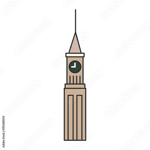 Historic clock tower with spire and round clock face in flat outline style. Illustration. Object isolated on white background.