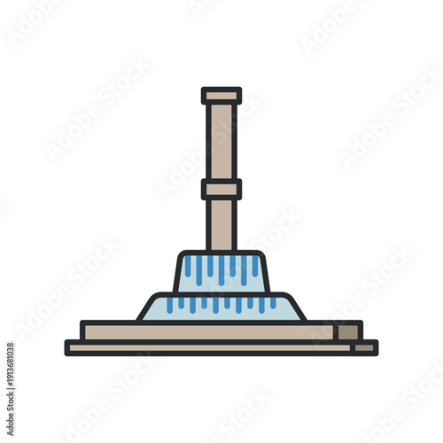 City fountain with central column and cascading water in flat outline style. Illustration. Object isolated on white background.