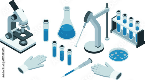 Isometric laboratory equipment illustration, microscope, test tubes, pipette, flask, scientific research tools, medical lab vector concept design