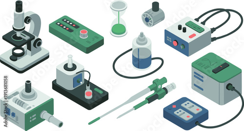 Isometric laboratory instruments illustration, microscope, pipette, testing devices, medical research equipment, scientific technology, vector design collection set