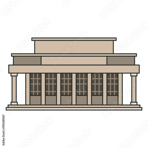 Classical neoclassical building with colonnade and symmetrical facade in flat outline style. Illustration. Object isolated on white background.