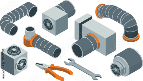 Isometric ventilation system illustration, industrial air ducts, HVAC equipment, exhaust fans, maintenance tools, vector engineering concept design