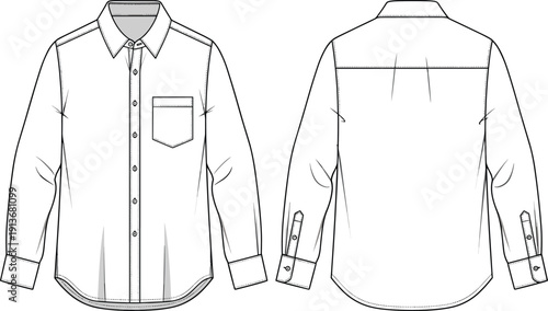 Classic men button down shirt front and back flat sketch illustration showing collar pocket cuffs for apparel design