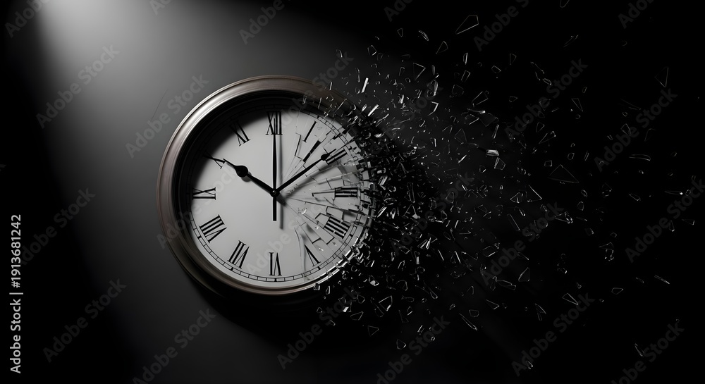 custom made wallpaper toronto digitalTime Passing: Broken wall clock shattering into pieces on black background, deadline pressure, aging process, fleeting moments, eternity and time management concept