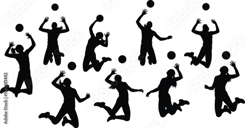 Silhouette volleyball players jumping, spiking, serving, setting, dynamic sports action, athletic movement, vector illustration, team game design elements