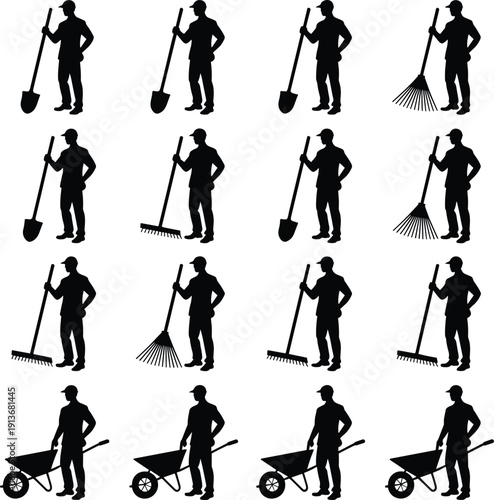 Gardener and construction worker silhouettes with shovel, rake and wheelbarrow, manual labor human figure outline vector illustration isolated on white background