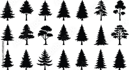 Twenty unique black tree silhouettes, coniferous and deciduous vector collection, isolated forest shapes, diverse foliage patterns, natural design elements, botanical illustration set