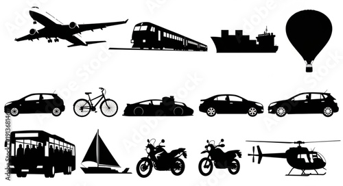 Collection of Silhouetted Transportation Vehicles and Aircraft.