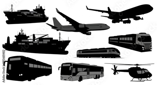 Collection of Silhouetted Transportation Vehicles and Aircraft.
