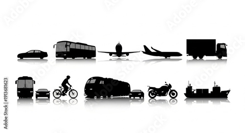 Collection of Silhouetted Transportation Vehicles and Modes.