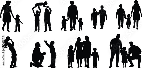 Happy family silhouettes with parents and children, walking playing and bonding human figure outline vector illustration isolated on white background