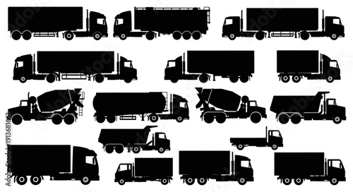 Collection of Silhouetted Trucks and Heavy Vehicles.