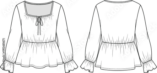 Women blouse front and back flat sketch illustration with square neckline tie detail and flared sleeves fashion design