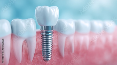 A dental implant in a row of teeth with a blue background.