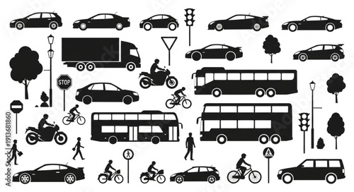 Collection of Silhouetted Vehicles and Pedestrians on a White Background.