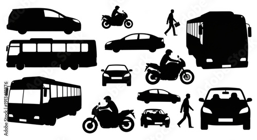 Collection of Silhouetted Vehicles and Pedestrians on White Background.