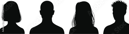 Male and female head silhouette set, anonymous profile avatar collection, black vector illustration isolated on white background for social media user icons