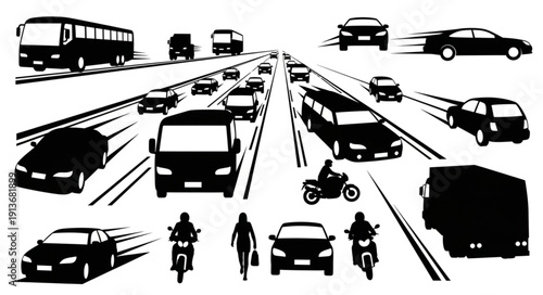Collection of Silhouetted Vehicles and People on a Highway.