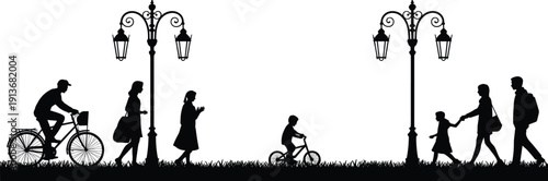 Urban park street scene silhouette, people walking and cycling under vintage street lamps with children and family interaction, flat vector illustration