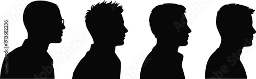 Male head profile silhouettes collection, side view human face outline vector illustration isolated on white background, different hairstyle variations set