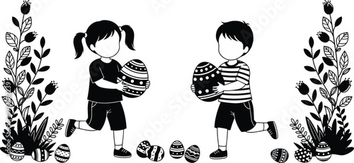 Black and white Easter kids illustration with decorated eggs, spring flowers, cute children vector line art design