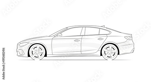Modern Sedan Car Outline Drawing Side View.