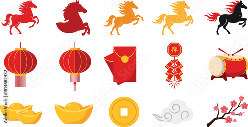 Chinese New Year icon set with horses, red lanterns, gold ingots, lucky envelopes, coins, clouds, drums, and plum blossoms in flat vector style