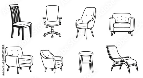 Collection of diverse chair illustrations in sketch style.