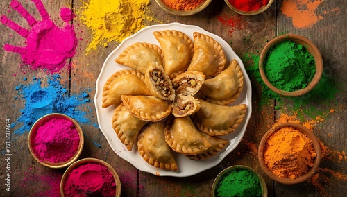 Traditional Indian gujiya sweets plate with colorful Holi powders top view festive celebration
