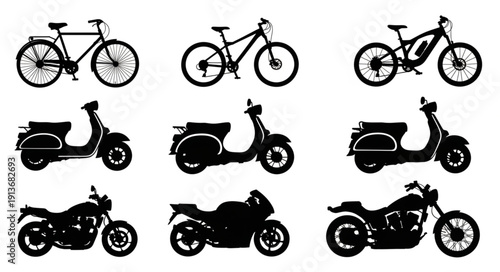 Collection of Silhouettes of Bicycles Scooters and Motorcycles.