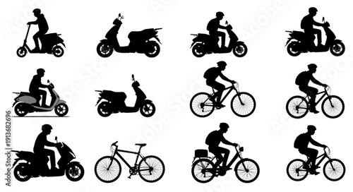 Collection of Silhouettes of People Riding Scooters and Bicycles.