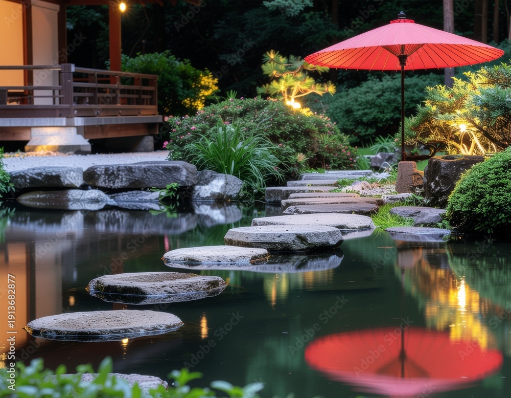 Fototapeta premium Traditional Japanese Garden and Wooden Pavilion at Night with Red Wagasa