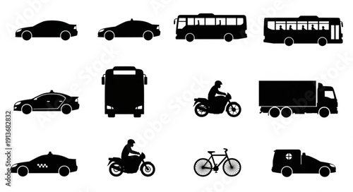 Collection of Silhouetted Vehicles Including Cars Buses Motorcycles and Trucks.
