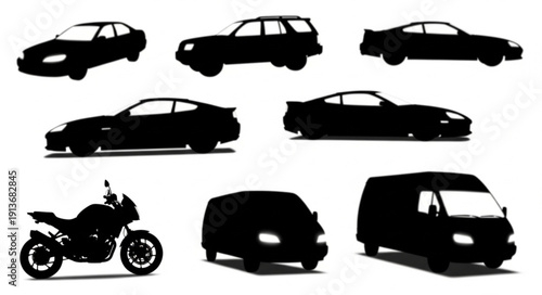 Collection of Silhouetted Vehicles Including Cars Motorcycle and Van.