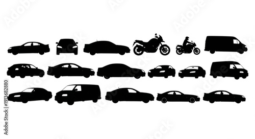 Collection of Silhouetted Vehicles Including Cars Motorcycles and Vans.