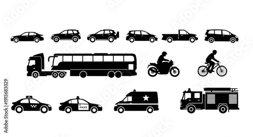 Collection of Silhouetted Vehicles Including Cars Trucks and Motorcycles.