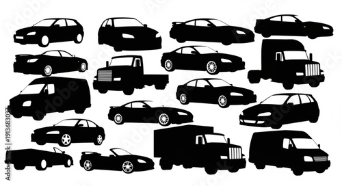 Collection of Silhouetted Vehicles Including Cars Trucks and Vans.