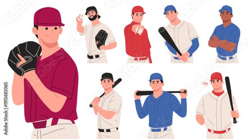 vector set featuring baseball players in various poses holding bat, glove, and ball. Perfect for baseball training materials, promotions, team branding,poster, school tournaments, athletic concepts