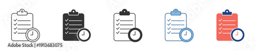 Vector Icon Set for Efficient Task Management and Deadline Tracking, Featuring a Clipboard Checklist and Clock Symbolizing Organized Scheduling and Productivity