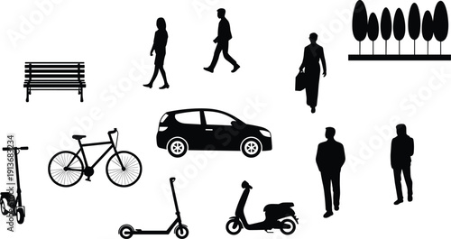 Urban city silhouette collection with people walking, car, bicycle, scooter, bench and trees, isolated black elements set, flat vector illustration