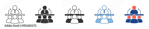 A set of contemporary graphic icons depicting a speaker at a podium engaging with an audience, symbolizing the essence of business conferences, public speaking events, and formal panel discussions