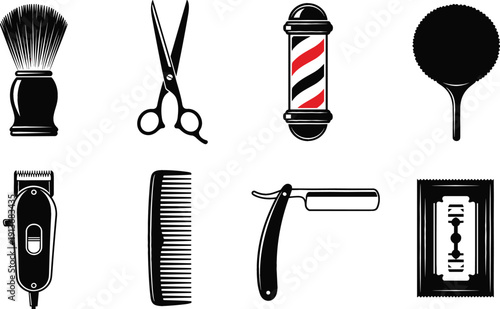 Barber shop tools silhouette icon set with scissors, clipper, razor, shaving brush, comb and pole in black vector style