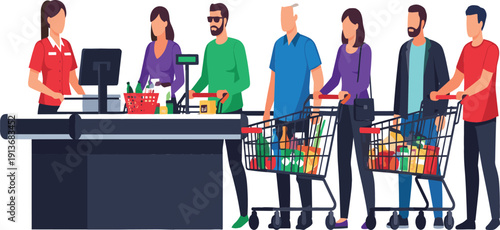 Supermarket checkout queue illustration with cashier and customers pushing shopping carts full of groceries in modern flat vector style