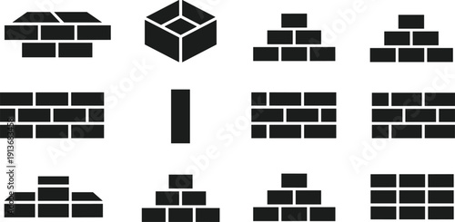 Brick masonry icons collection, construction wall block vector set, building material symbols isolated on white background