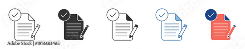 Set of vector icons depicting approved documents with a checkmark and a pencil, symbolizing successful completion, agreement, or edited files, ideal for various digital interfaces