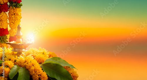 Vishu Banner with Illuminated Oil Lamp and Floral Decorations