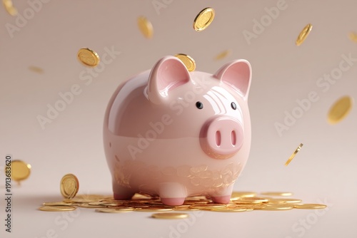 concept of saving, ceramic piggy bank surrounded by gold coins