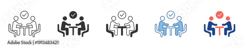 Collection of diverse icons representing a successful meeting or completed agreement between two individuals, symbolizing approval and achievement