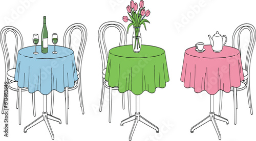 Cafe table set with chairs, round restaurant tables with tablecloth, flowers, wine and teapot, hand drawn vector illustration